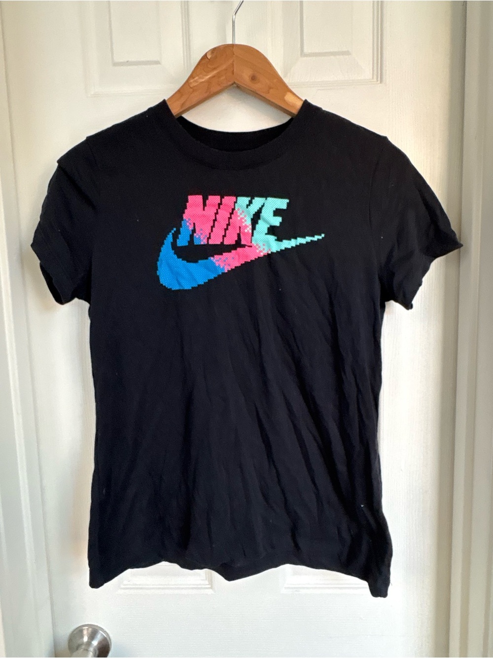 Nike Black Short-Sleeve Tee with Pink, Teal & Blue Pixel Swoosh